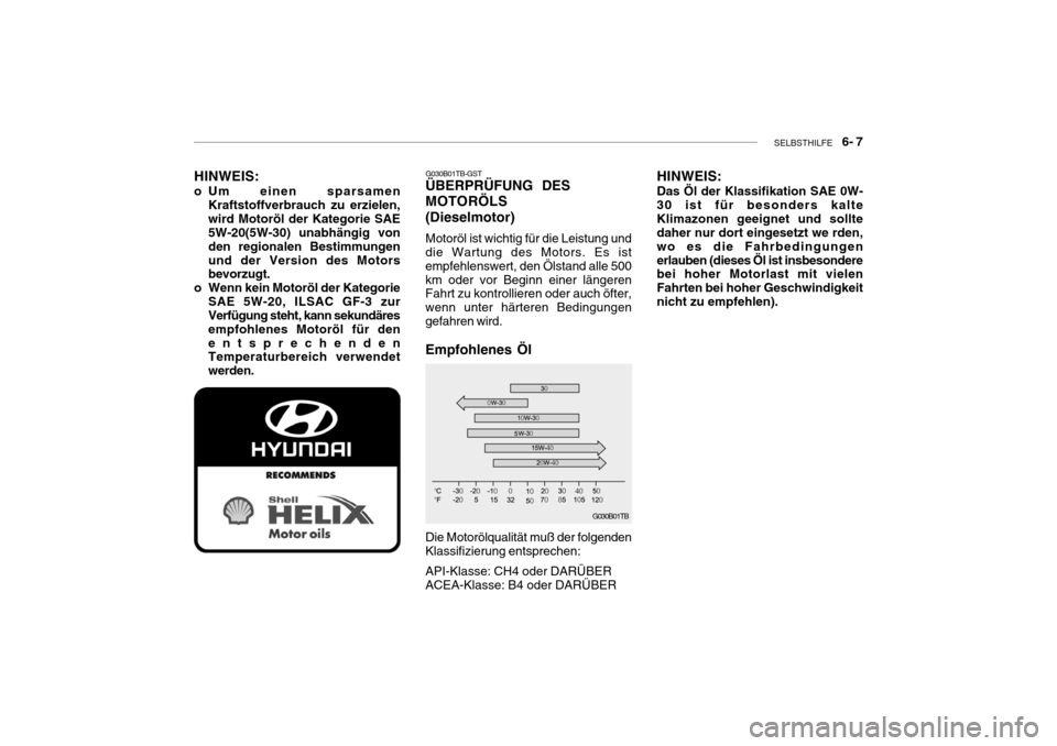 Hyundai Getz 2006  Betriebsanleitung (in German) SELBSTHILFE    6- 7
G030B01TB
Die Motorölqualität muß der folgenden Klassifizierung entsprechen: API-Klasse: CH4 oder DARÜBER ACEA-Klasse: B4 oder DARÜBER
HINWEIS:
o Um einen sparsamen Kraftstoff