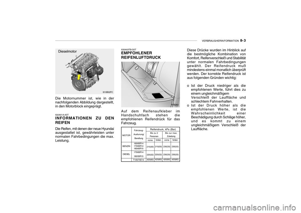 Hyundai Getz 2006 Betriebsanleitung (in German) VERBRAUGHERIN FORMATION 8- 3
I030A03TB-GST
EMPFOHLENER REIFENLUFTDRUCK
Die Motornummer ist, wie in der nachfolgenden Abbildung dargestellt, in den Motorblock eingeprägt. I020A01A-AST INFORMATIONEN Hyundai Getz 2006 Betriebsanleitung (in German) VERBRAUGHERIN FORMATION 8- 3
I030A03TB-GST
EMPFOHLENER REIFENLUFTDRUCK
Die Motornummer ist, wie in der nachfolgenden Abbildung dargestellt, in den Motorblock eingeprägt. I020A01A-AST INFORMATIONEN