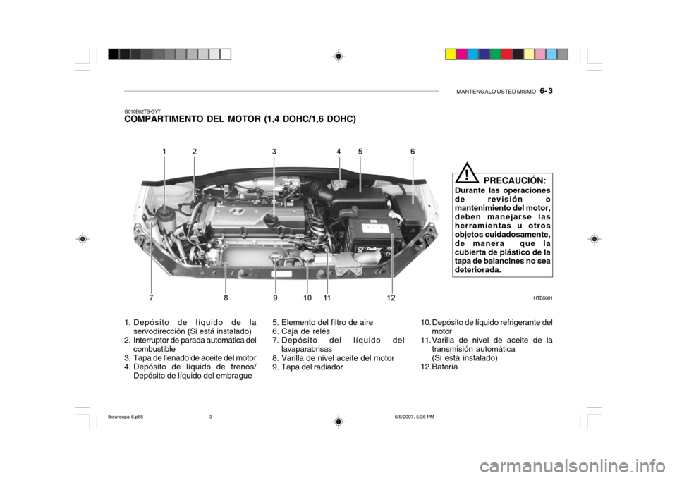 Hyundai Getz 2006 Manual del propietario (in Spanish) MANTENGALO USTED MISMO 6- 3
G010B02TB-GYT
COMPARTIMENTO DEL MOTOR (1,4 DOHC/1,6 DOHC)
HTB5001
PRECAUCIÓN:
Durante las operaciones de revisión o mantenimiento del motor, deben manejarse lasherramie Hyundai Getz 2006 Manual del propietario (in Spanish) MANTENGALO USTED MISMO 6- 3
G010B02TB-GYT
COMPARTIMENTO DEL MOTOR (1,4 DOHC/1,6 DOHC)
HTB5001
PRECAUCIÓN:
Durante las operaciones de revisión o mantenimiento del motor, deben manejarse lasherramie