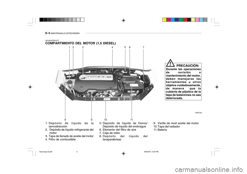 Hyundai Getz 2006 Manual del propietario (in Spanish) 6- 4 MANTENGALO USTED MISMO
G010C02TB-GYT
COMPARTIMENTO DEL MOTOR (1,5 DIESEL)
HTB159
PRECAUCIÓN:
Durante las operaciones
de revisión o mantenimiento del motor,deben manejarse las herramientas u ot Hyundai Getz 2006 Manual del propietario (in Spanish) 6- 4 MANTENGALO USTED MISMO
G010C02TB-GYT
COMPARTIMENTO DEL MOTOR (1,5 DIESEL)
HTB159
PRECAUCIÓN:
Durante las operaciones
de revisión o mantenimiento del motor,deben manejarse las herramientas u ot