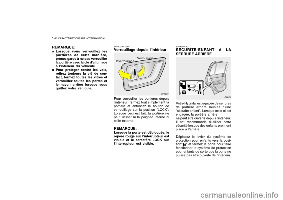 Hyundai Getz 2006 Manuel du propriétaire (in French) 1- 8 CARACTÉRISTIQUES DE VOTRE HYUNDAI
B040D01FC-GUT Verrouillage depuis lintérieur Pour verrouiller les portières depuis
lintérieur, fermez tout simplement la portière et enfoncez le bouton d Hyundai Getz 2006 Manuel du propriétaire (in French) 1- 8 CARACTÉRISTIQUES DE VOTRE HYUNDAI
B040D01FC-GUT Verrouillage depuis lintérieur Pour verrouiller les portières depuis
lintérieur, fermez tout simplement la portière et enfoncez le bouton d