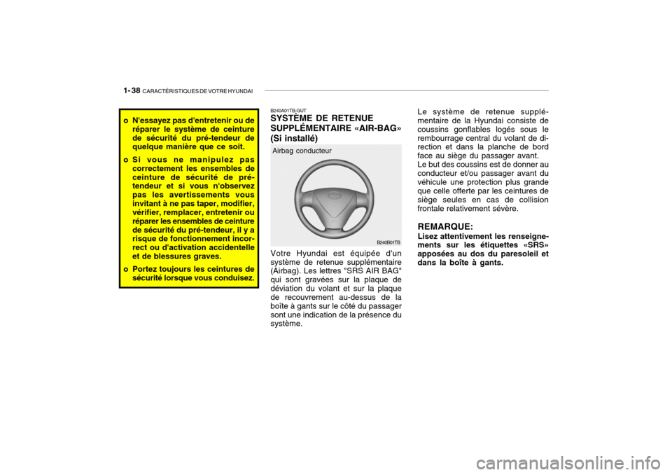 Hyundai Getz 2006 Manuel du propriétaire (in French) 1- 38 CARACTÉRISTIQUES DE VOTRE HYUNDAI
Le système de retenue supplé-
mentaire de la Hyundai consiste de coussins gonflables logés sous lerembourrage central du volant de di- rection et dans la p Hyundai Getz 2006 Manuel du propriétaire (in French) 1- 38 CARACTÉRISTIQUES DE VOTRE HYUNDAI
Le système de retenue supplé-
mentaire de la Hyundai consiste de coussins gonflables logés sous lerembourrage central du volant de di- rection et dans la p