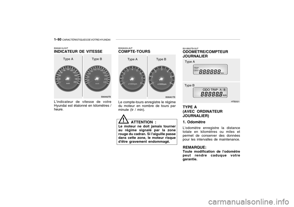 Hyundai Getz 2006  Manuel du propriétaire (in French) 1- 60  CARACTÉRISTIQUES DE VOTRE HYUNDAI
B330A02A-AUT COMPTE-TOURS
B330A01TB
!
Le compte-tours enregistre le régime
du moteur en nombre de tours par minute (tr / min).
ATTENTION :
Le moteur ne doit 