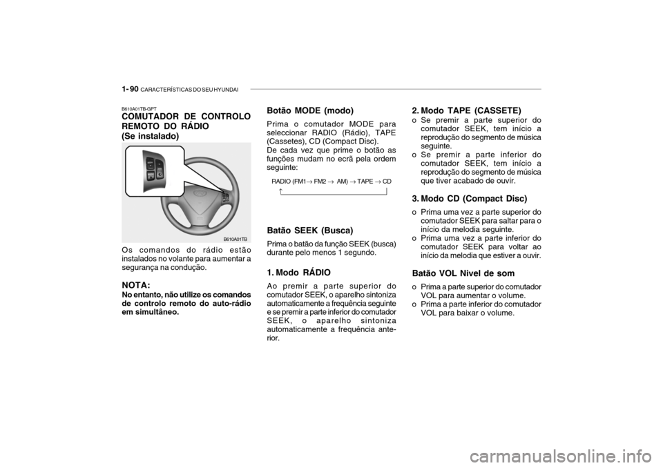 Hyundai Getz 2006 Manual do proprietário (in Portuguese) 1- 90 CARACTERÍSTICAS DO SEU HYUNDAI
B610A01TB-GPT COMUTADOR DE CONTROLO
REMOTO DO RÁDIO
(Se instalado)
Os comandos do rádio estãoinstalados no volante para aumentar a segurança na condução. N Hyundai Getz 2006 Manual do proprietário (in Portuguese) 1- 90 CARACTERÍSTICAS DO SEU HYUNDAI
B610A01TB-GPT COMUTADOR DE CONTROLO
REMOTO DO RÁDIO
(Se instalado)
Os comandos do rádio estãoinstalados no volante para aumentar a segurança na condução. N