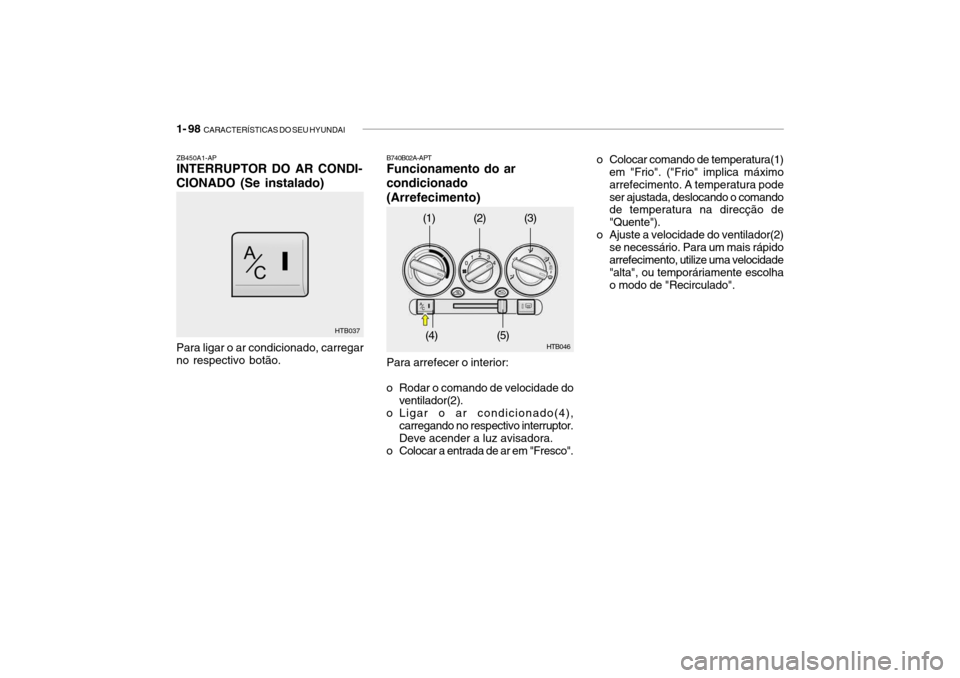 Hyundai Getz 2006 Manual do proprietário (in Portuguese) 1- 98 CARACTERÍSTICAS DO SEU HYUNDAI
ZB450A1-AP INTERRUPTOR DO AR CONDI-
CIONADO (Se instalado)
HTB037
Para ligar o ar condicionado, carregar no respectivo botão. o Colocar comando de temperatura(1 Hyundai Getz 2006 Manual do proprietário (in Portuguese) 1- 98 CARACTERÍSTICAS DO SEU HYUNDAI
ZB450A1-AP INTERRUPTOR DO AR CONDI-
CIONADO (Se instalado)
HTB037
Para ligar o ar condicionado, carregar no respectivo botão. o Colocar comando de temperatura(1