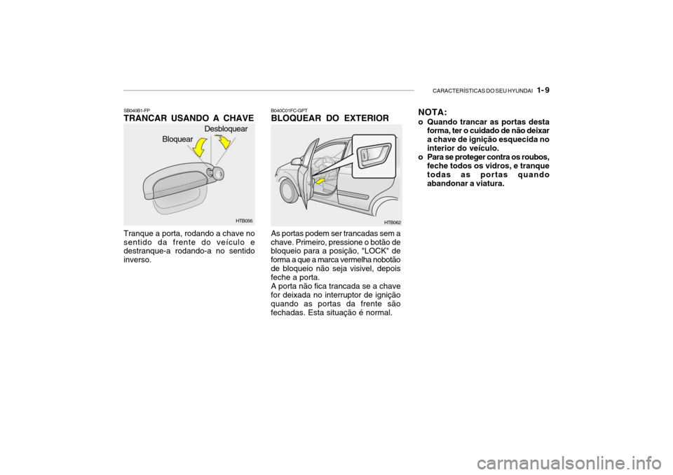 Hyundai Getz 2006 Manual do proprietário (in Portuguese) CARACTERÍSTICAS DO SEU HYUNDAI 1- 9
As portas podem ser trancadas sem a
chave. Primeiro, pressione o botão de bloqueio para a posição, "LOCK" de forma a que a marca vermelha nobotãode bloqueio Hyundai Getz 2006 Manual do proprietário (in Portuguese) CARACTERÍSTICAS DO SEU HYUNDAI 1- 9
As portas podem ser trancadas sem a
chave. Primeiro, pressione o botão de bloqueio para a posição, "LOCK" de forma a que a marca vermelha nobotãode bloqueio