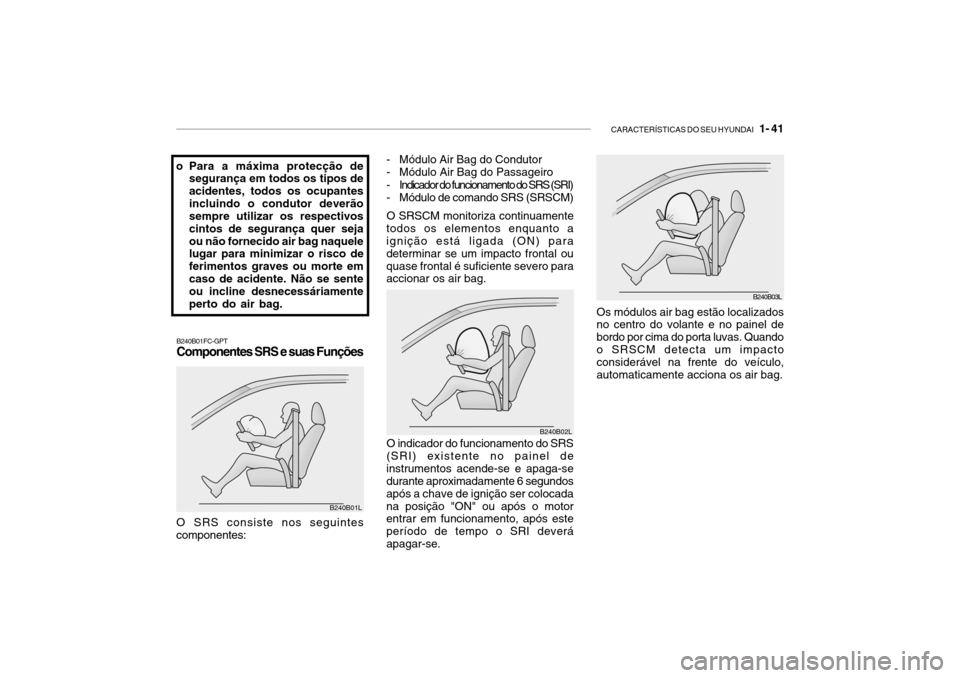 Hyundai Getz 2006 Manual do proprietário (in Portuguese) CARACTERÍSTICAS DO SEU HYUNDAI 1- 41
B240B01FC-GPT Componentes SRS e suas Funções
O SRS consiste nos seguintes componentes: O indicador do funcionamento do SRS
(SRI) existente no painel deinstrum Hyundai Getz 2006 Manual do proprietário (in Portuguese) CARACTERÍSTICAS DO SEU HYUNDAI 1- 41
B240B01FC-GPT Componentes SRS e suas Funções
O SRS consiste nos seguintes componentes: O indicador do funcionamento do SRS
(SRI) existente no painel deinstrum