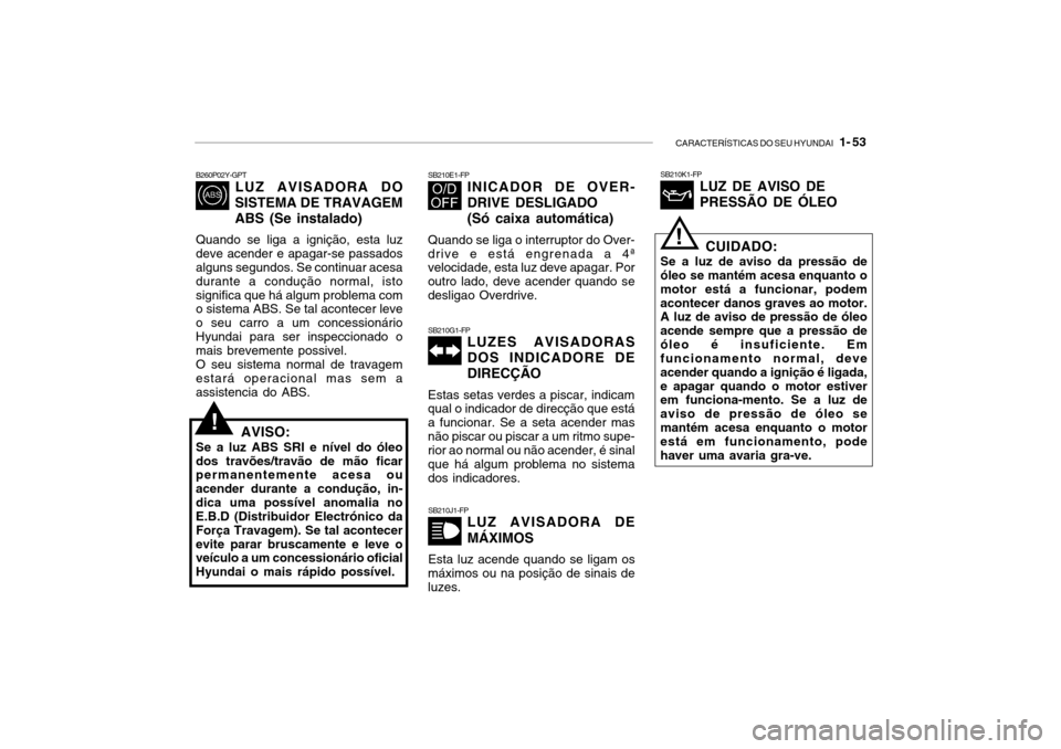 Hyundai Getz 2006 Manual do proprietário (in Portuguese) CARACTERÍSTICAS DO SEU HYUNDAI 1- 53
!
SB210E1-FP
INICADOR DE OVER- DRIVE DESLIGADO (Só caixa automática)
Quando se liga o interruptor do Over- drive e está engrenada a 4ª velocidade, esta luz Hyundai Getz 2006 Manual do proprietário (in Portuguese) CARACTERÍSTICAS DO SEU HYUNDAI 1- 53
!
SB210E1-FP
INICADOR DE OVER- DRIVE DESLIGADO (Só caixa automática)
Quando se liga o interruptor do Over- drive e está engrenada a 4ª velocidade, esta luz