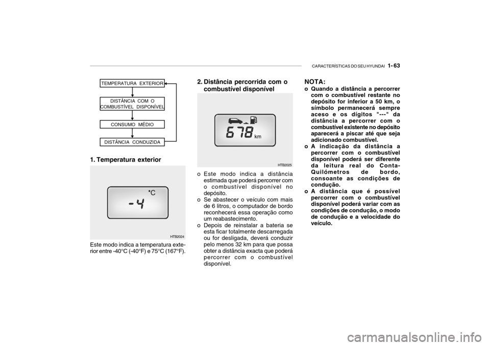 Hyundai Getz 2006 Manual do proprietário (in Portuguese) CARACTERÍSTICAS DO SEU HYUNDAI 1- 63
2. Distância percorrida com o
combustível disponível NOTA:
o Quando a distância a percorrer
com o combustível restante no depósito for inferior a 50 km, Hyundai Getz 2006 Manual do proprietário (in Portuguese) CARACTERÍSTICAS DO SEU HYUNDAI 1- 63
2. Distância percorrida com o
combustível disponível NOTA:
o Quando a distância a percorrer
com o combustível restante no depósito for inferior a 50 km,