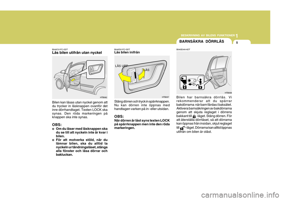 Hyundai Getz 2006 Ägarmanual (in Swedish) 1
BESKRIVNING AV BILENS FUNKTIONER
5
B040E04A-ADT
HTB058
BARNSÄKRA DÖRRLÅS
HTB057
LÃ…S UPP
LÃ…S
B040D01FC-GDT Lås bilen inifrån Stäng dörren och tryck in spärrknappen. Nu kan dörren inte öpp Hyundai Getz 2006 Ägarmanual (in Swedish) 1
BESKRIVNING AV BILENS FUNKTIONER
5
B040E04A-ADT
HTB058
BARNSÄKRA DÖRRLÅS
HTB057
LÃ…S UPP
LÃ…S
B040D01FC-GDT Lås bilen inifrån Stäng dörren och tryck in spärrknappen. Nu kan dörren inte öpp