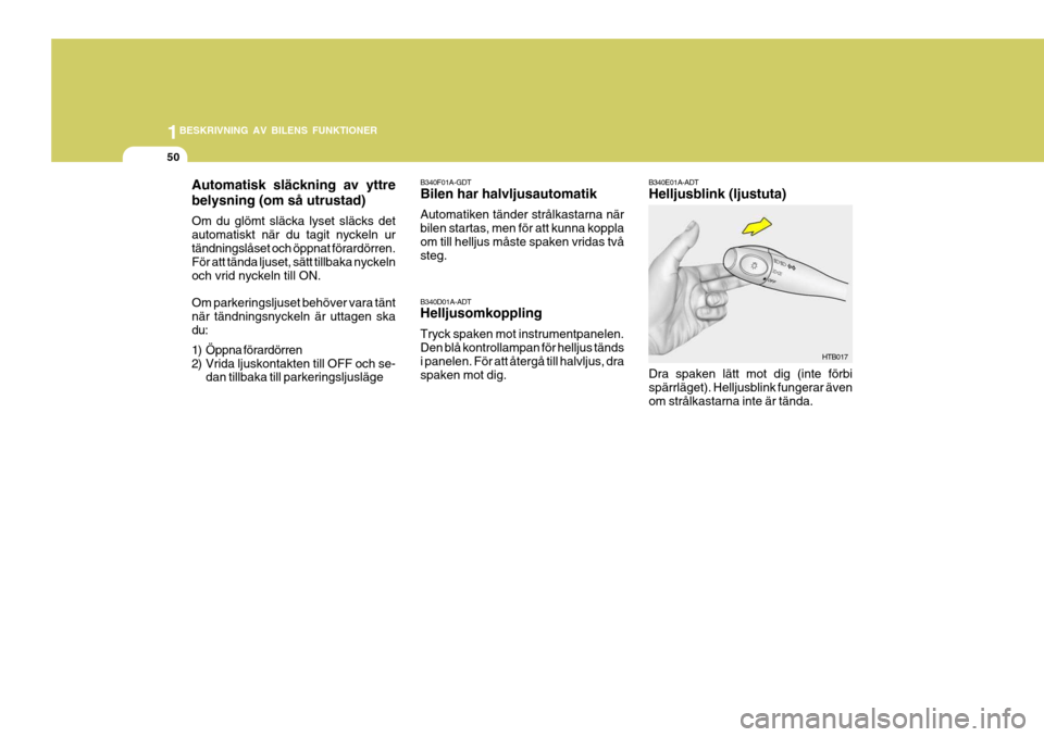 Hyundai Getz 2006  Ägarmanual (in Swedish) 1BESKRIVNING AV BILENS FUNKTIONER
50
HTB017
B340E01A-ADT Helljusblink (ljustuta) Dra spaken lätt mot dig (inte förbi spärrläget). Helljusblink fungerar ävenom strålkastarna inte är tända.
B340