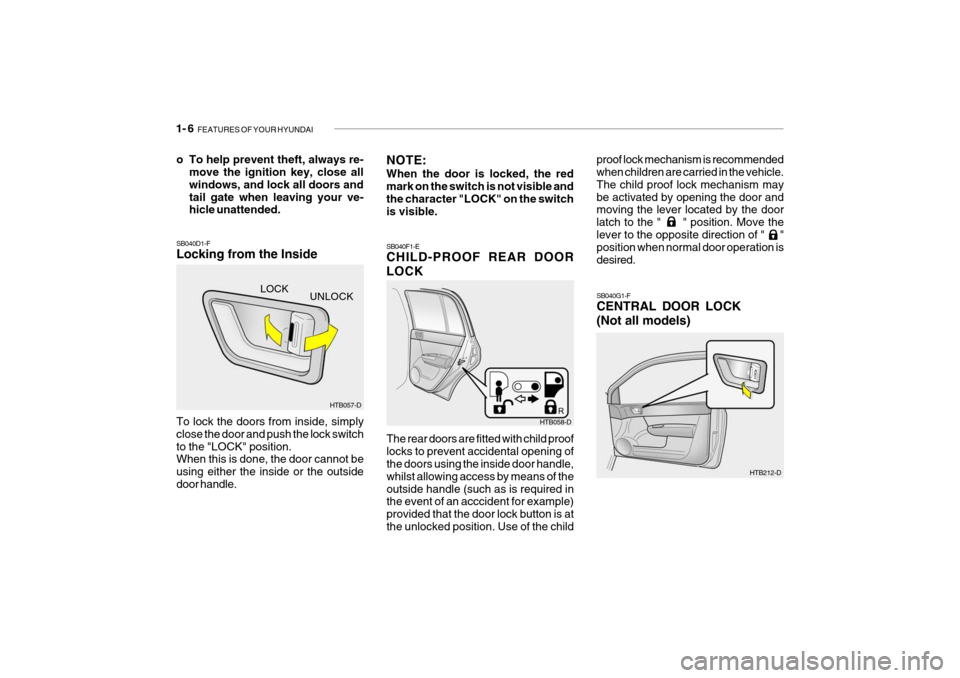 Hyundai Getz 2005  Owners Manual 1- 6  FEATURES OF YOUR HYUNDAI
SB040G1-F CENTRAL DOOR LOCK (Not all models)
SB040D1-F Locking from the Inside To lock the doors from inside, simply close the door and push the lock switchto the "LOCK"