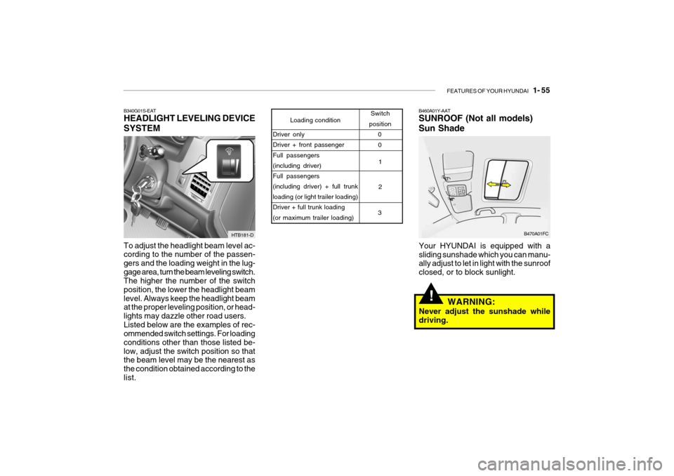 Hyundai Getz 2005  Owners Manual FEATURES OF YOUR HYUNDAI   1- 55
!
B460A01Y-AAT SUNROOF (Not all models) Sun Shade
Your HYUNDAI is equipped with a sliding sunshade which you can manu- ally adjust to let in light with the sunroof clo