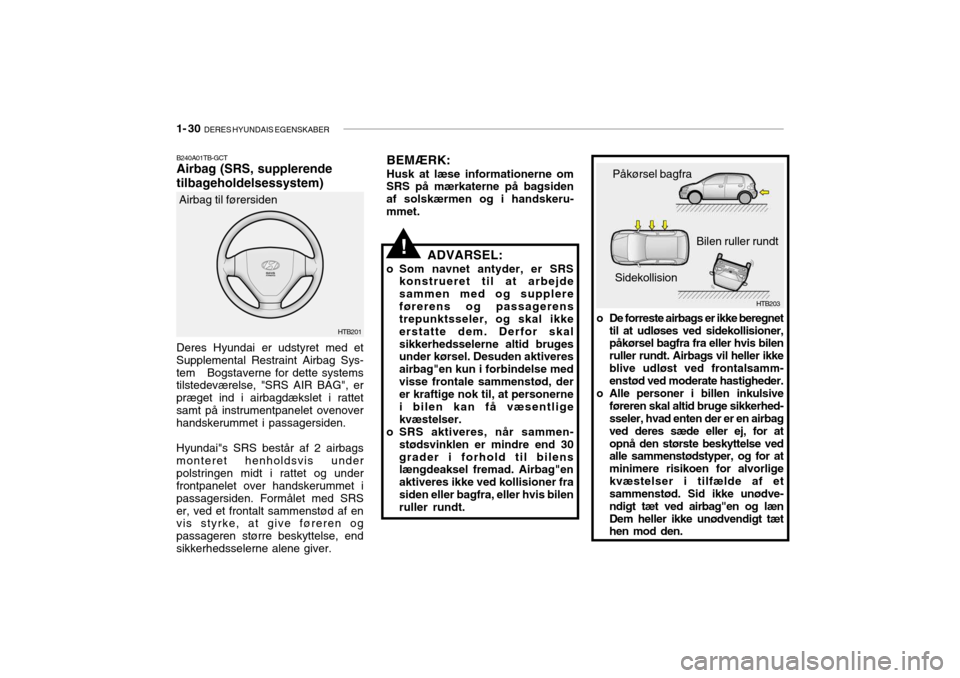 Hyundai Getz 2005  Instruktionsbog (in Danish) 1- 30  DERES HYUNDAIS EGENSKABER
HTB201
Airbag til førersiden
B240A01TB-GCT Airbag (SRS, supplerende tilbageholdelsessystem)
Deres Hyundai er udstyret med et Supplemental Restraint Airbag Sys-tem   B