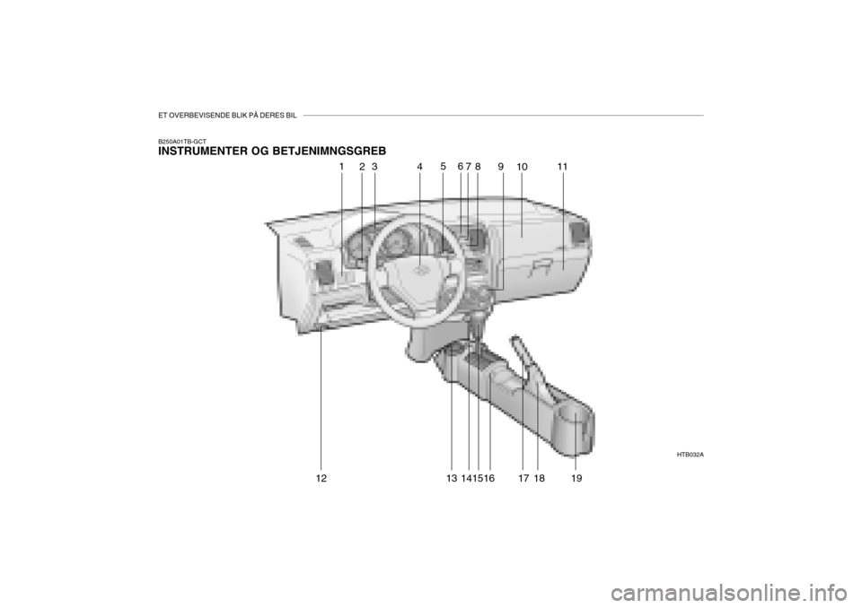 Hyundai Getz 2005  Instruktionsbog (in Danish) ET OVERBEVISENDE BLIK PÅ DERES BIL
B250A01TB-GCT INSTRUMENTER OG BETJENIMNGSGREBHTB032A
1
23 456
78 9
1011
12 13 141516 17 18 19  