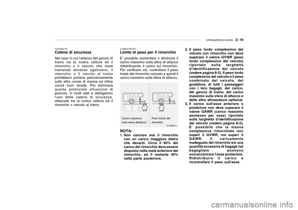 Hyundai Getz 2005  Manuale del proprietario (in Italian) OPERAZIONI DI GUIDA   2- 19
Carico massimo sulla sfera diattacco 2. Il peso lordo complessivo del
veicolo con rimorchio non deve superare il valore GVWR (pesolordo complessivo del veicolo) riportato s