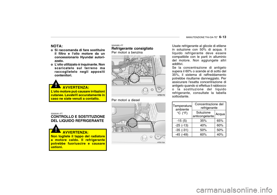 Hyundai Getz 2005 Manuale del proprietario (in Italian) MANUTENZIONE "FAI-DA-TE" 6- 13
!
!
HTB170
HTB170A
NOTA:
o Si raccomanda di fare sostituire il filtro e lolio motore da un concessionario Hyundai autori-zzato.
o Lolio utilizzato è inquinante. Non Hyundai Getz 2005 Manuale del proprietario (in Italian) MANUTENZIONE "FAI-DA-TE" 6- 13
!
!
HTB170
HTB170A
NOTA:
o Si raccomanda di fare sostituire il filtro e lolio motore da un concessionario Hyundai autori-zzato.
o Lolio utilizzato è inquinante. Non