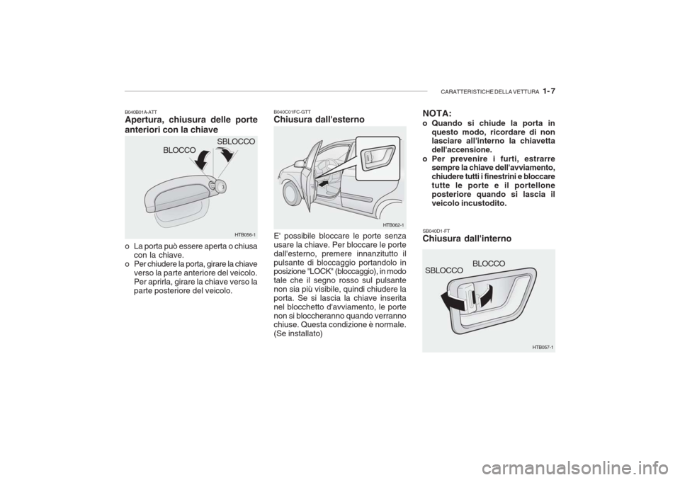 Hyundai Getz 2005  Manuale del proprietario (in Italian) CARATTERISTICHE DELLA VETTURA   1- 7
HTB057-1
SBLOCCO
BLOCCO
B040B01A-ATT Apertura, chiusura delle porte anteriori con la chiave 
o La porta può essere aperta o chiusa
con la chiave.
o Per chiudere l
