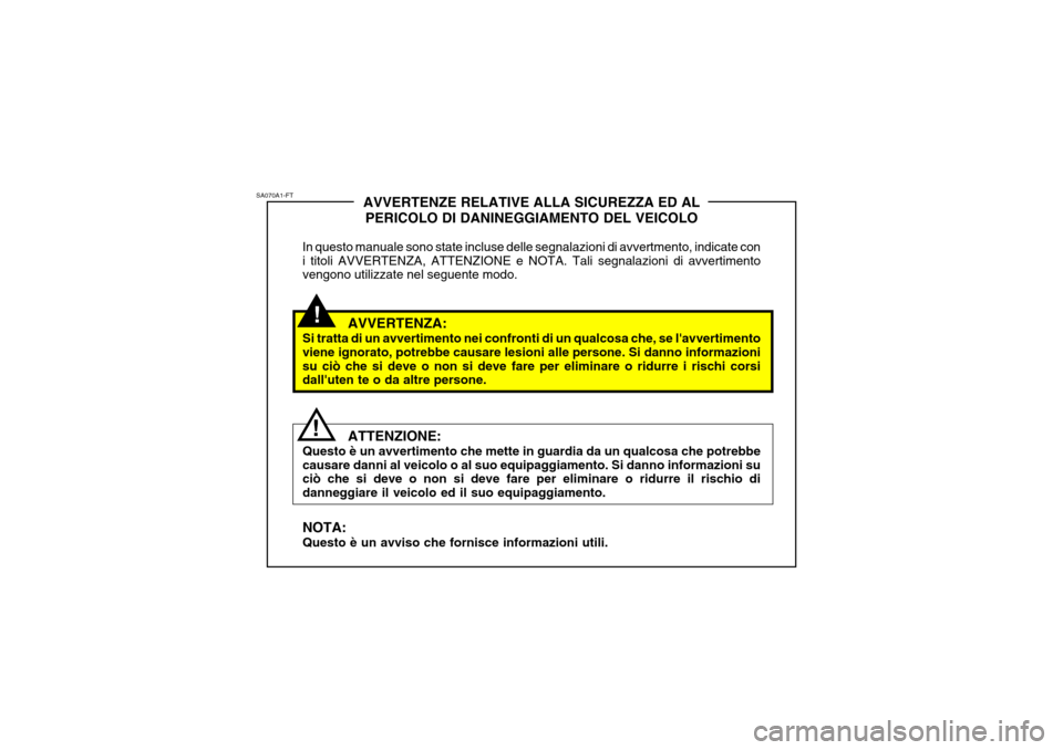 Hyundai Getz 2005  Manuale del proprietario (in Italian) !
SA070A1-FT
!AVVERTENZE RELATIVE ALLA SICUREZZA ED AL
PERICOLO DI DANINEGGIAMENTO DEL VEICOLO
In questo manuale sono state incluse delle segnalazioni di avvertmento, indicate con i titoli AVVERTENZA,