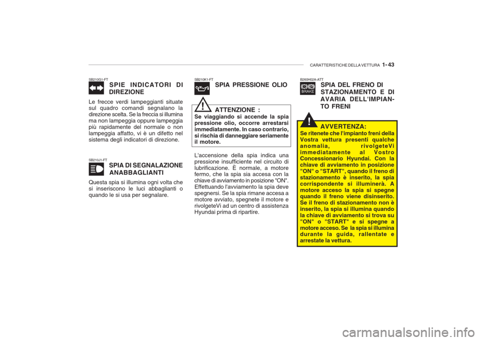 Hyundai Getz 2005  Manuale del proprietario (in Italian) CARATTERISTICHE DELLA VETTURA   1- 43
!
B260H02A-ATT
SPIA DEL FRENO DI STAZIONAMENTO E DI
AVARIA DELLIMPIAN- TO FRENI
SB210J1-FT SPIA DI SEGNALAZIONE
ANABBAGLIANTI
Questa spia si illumina ogni volta 