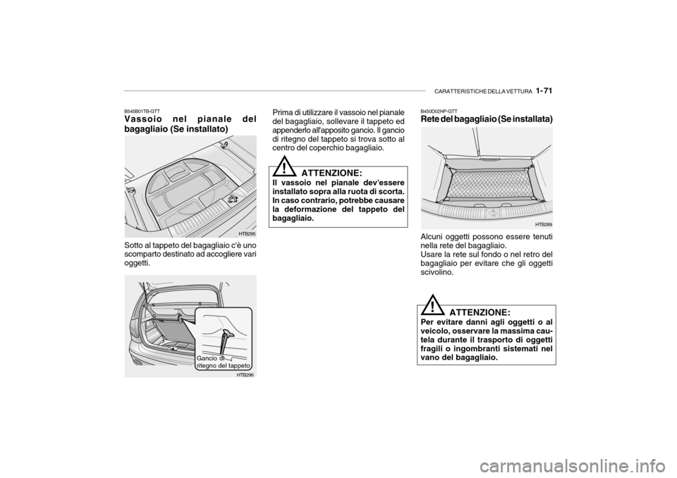 Hyundai Getz 2005  Manuale del proprietario (in Italian) CARATTERISTICHE DELLA VETTURA   1- 71
!
B450D02HP-GTT Rete del bagagliaio (Se installata)
HTB289
HTB295
HTB296
!
B545B01TB-GTT Vassoio nel pianale del bagagliaio (Se installato) Sotto al tappeto del b