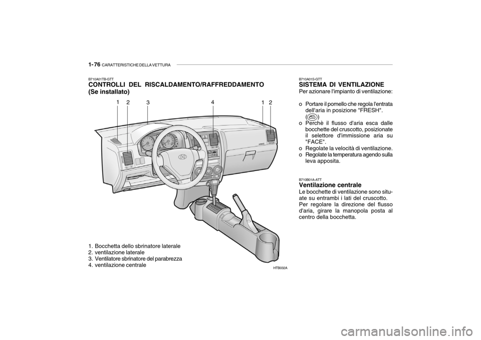 Hyundai Getz 2005  Manuale del proprietario (in Italian) 1- 76  CARATTERISTICHE DELLA VETTURA
HTB032A
1
2 3 4
12
B710A01TB-GTT CONTROLLI DEL RISCALDAMENTO/RAFFREDDAMENTO 
(Se installato)
1. Bocchetta dello sbrinatore laterale 
2. ventilazione laterale 
3. V
