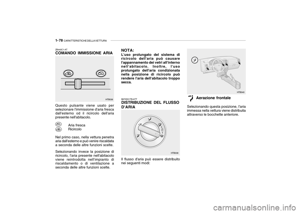 Hyundai Getz 2005  Manuale del proprietario (in Italian) 1- 78  CARATTERISTICHE DELLA VETTURA
ZB440C1-AT COMANDO IMMISSIONE ARIA Questo pulsante viene usato per selezionare limmissione daria fresca dallesterno od il ricircolo dellaria presente nellabit