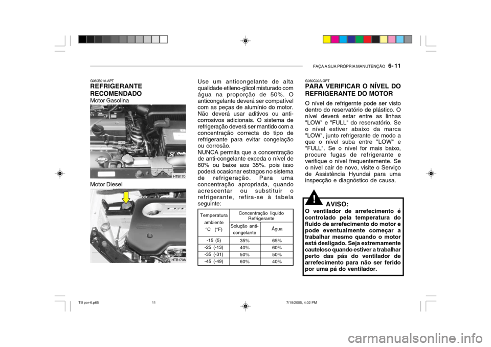 Hyundai Getz 2005 Manual do proprietário (in Portuguese) FAÇA A SUA PRÓPRIA MANUTENÇÃO 6- 11
G050C02A-GPT
PARA VERIFICAR O NÍVEL DO REFRIGERANTE DO MOTOR
O nível de refrigernte pode ser visto dentro do reservatório de plástico. Onível deverá est Hyundai Getz 2005 Manual do proprietário (in Portuguese) FAÇA A SUA PRÓPRIA MANUTENÇÃO 6- 11
G050C02A-GPT
PARA VERIFICAR O NÍVEL DO REFRIGERANTE DO MOTOR
O nível de refrigernte pode ser visto dentro do reservatório de plástico. Onível deverá est