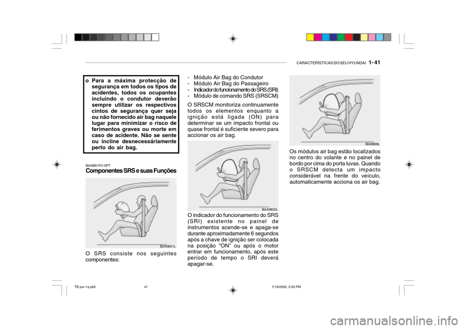 Hyundai Getz 2005 Manual do proprietário (in Portuguese) CARACTERÍSTICAS DO SEU HYUNDAI 1- 41
B240B01FC-GPT Componentes SRS e suas Funções
O SRS consiste nos seguintes componentes: O indicador do funcionamento do SRS
(SRI) existente no painel deinstrum Hyundai Getz 2005 Manual do proprietário (in Portuguese) CARACTERÍSTICAS DO SEU HYUNDAI 1- 41
B240B01FC-GPT Componentes SRS e suas Funções
O SRS consiste nos seguintes componentes: O indicador do funcionamento do SRS
(SRI) existente no painel deinstrum