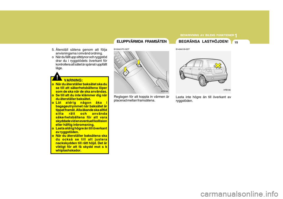 Hyundai Getz 2005 Ägarmanual (in Swedish) 1
BESKRIVNING AV BILENS FUNKTIONER
15
B100A01FC-GDT
HTB194
HTB195
B140A01B-GDT
Lasta inte högre än till överkant av ryggstöden.
ELUPPVÄRMDA FRAMSÄTEN
BEGRÄNSA LASTHÖJDEN!
Reglagen för att kop Hyundai Getz 2005 Ägarmanual (in Swedish) 1
BESKRIVNING AV BILENS FUNKTIONER
15
B100A01FC-GDT
HTB194
HTB195
B140A01B-GDT
Lasta inte högre än till överkant av ryggstöden.
ELUPPVÄRMDA FRAMSÄTEN
BEGRÄNSA LASTHÖJDEN!
Reglagen för att kop