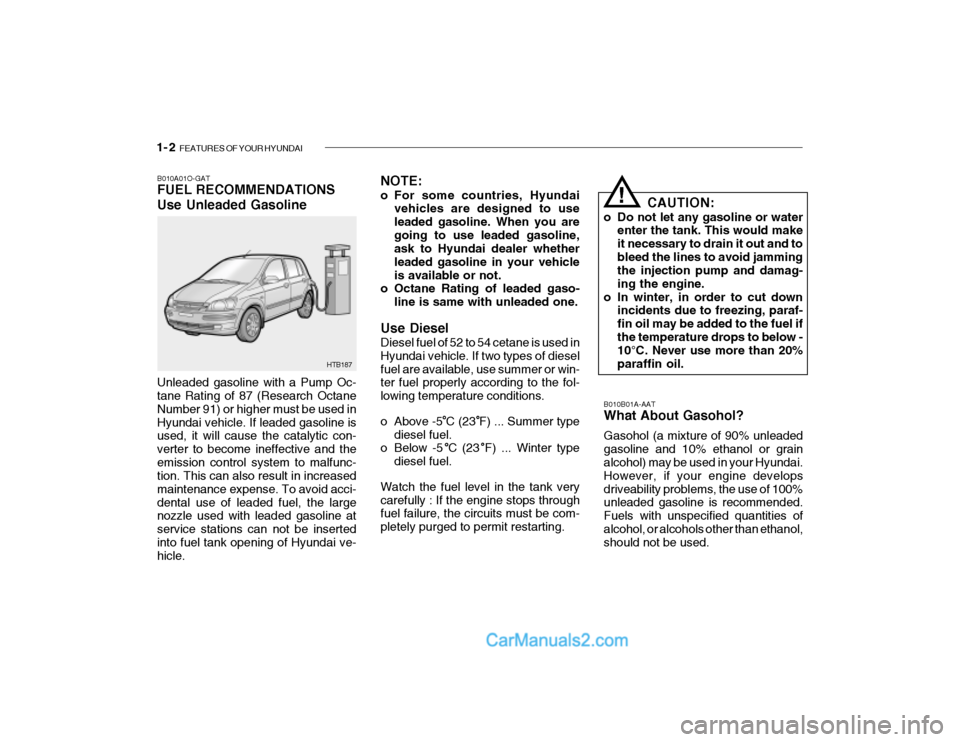 Hyundai Getz 2004  Owners Manual 1- 2  FEATURES OF YOUR HYUNDAI
B010B01A-AAT What About Gasohol? Gasohol (a mixture of 90% unleaded gasoline and 10% ethanol or grain alcohol) may be used in your Hyundai. However, if your engine devel