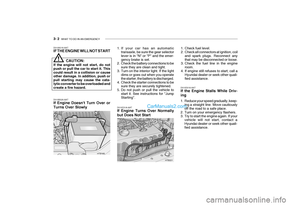 Hyundai Getz 2004 User Guide 3- 2 WHAT TO DO IN AN EMERGENCY
HTB165
D010B02A-AAT If Engine Doesnt Turn Over or Turns Over Slowly 1. If your car has an automatic
transaxle, be sure the gear selector lever is in "N" or "P" and th Hyundai Getz 2004 User Guide 3- 2 WHAT TO DO IN AN EMERGENCY
HTB165
D010B02A-AAT If Engine Doesnt Turn Over or Turns Over Slowly 1. If your car has an automatic
transaxle, be sure the gear selector lever is in "N" or "P" and th