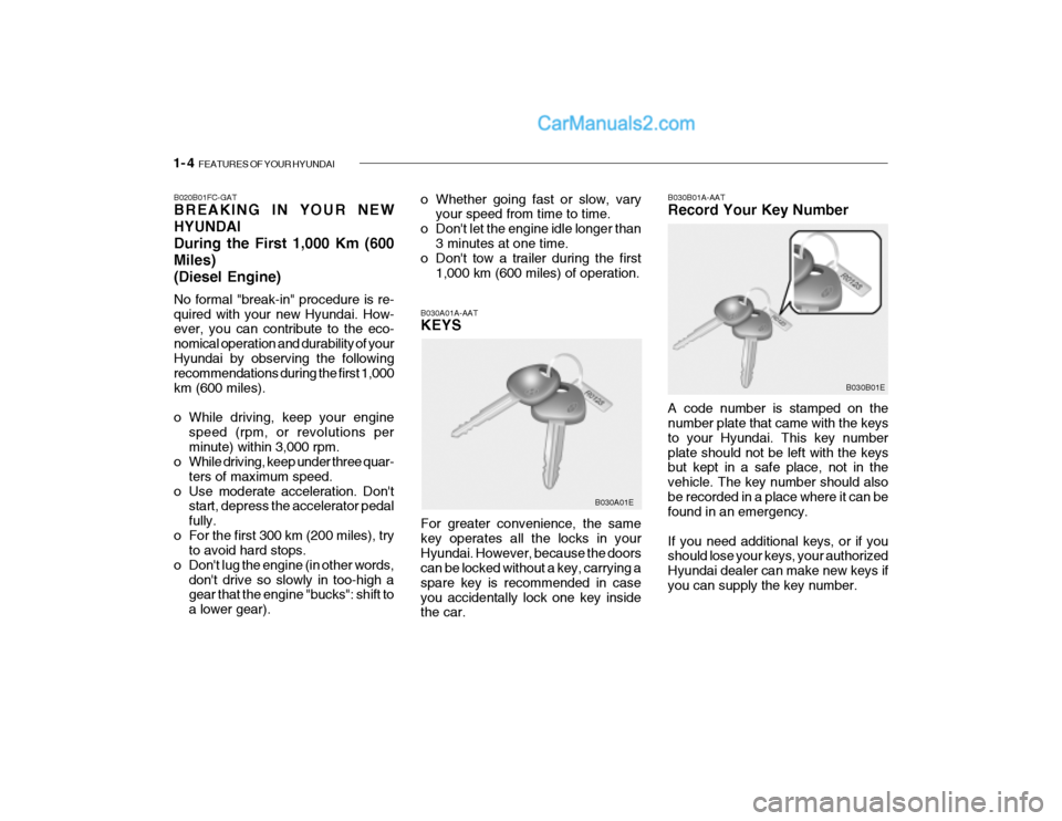 Hyundai Getz 2004  Owners Manual 1- 4  FEATURES OF YOUR HYUNDAI
B030B01A-AAT Record Your Key Number A code number is stamped on the number plate that came with the keys to your Hyundai. This key numberplate should not be left with th