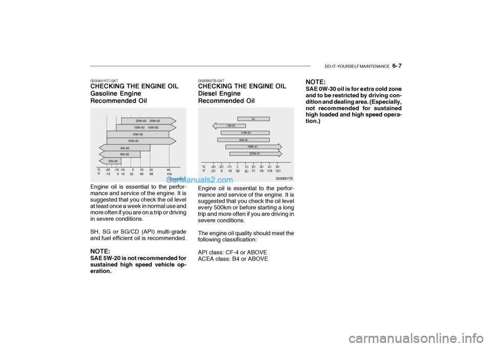 Hyundai Getz 2004 Owners Guide DO-IT-YOURSELF MAINTENANCE 6- 7
G030A01FC-GAT CHECKING THE ENGINE OIL Gasoline EngineRecommended Oil Engine oil is essential to the perfor- mance and service of the engine. It is suggested that you Hyundai Getz 2004 Owners Guide DO-IT-YOURSELF MAINTENANCE 6- 7
G030A01FC-GAT CHECKING THE ENGINE OIL Gasoline EngineRecommended Oil Engine oil is essential to the perfor- mance and service of the engine. It is suggested that you