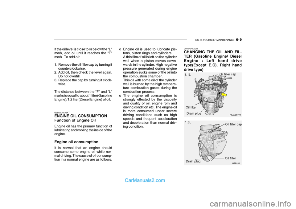 Hyundai Getz 2004 Owners Guide DO-IT-YOURSELF MAINTENANCE 6- 9
G350A01A-GAT ENGINE OIL CONSUMPTION Function of Engine Oil Engine oil has the primary function of lubricating and cooling the inside of the engine. Engine oil consum Hyundai Getz 2004 Owners Guide DO-IT-YOURSELF MAINTENANCE 6- 9
G350A01A-GAT ENGINE OIL CONSUMPTION Function of Engine Oil Engine oil has the primary function of lubricating and cooling the inside of the engine. Engine oil consum