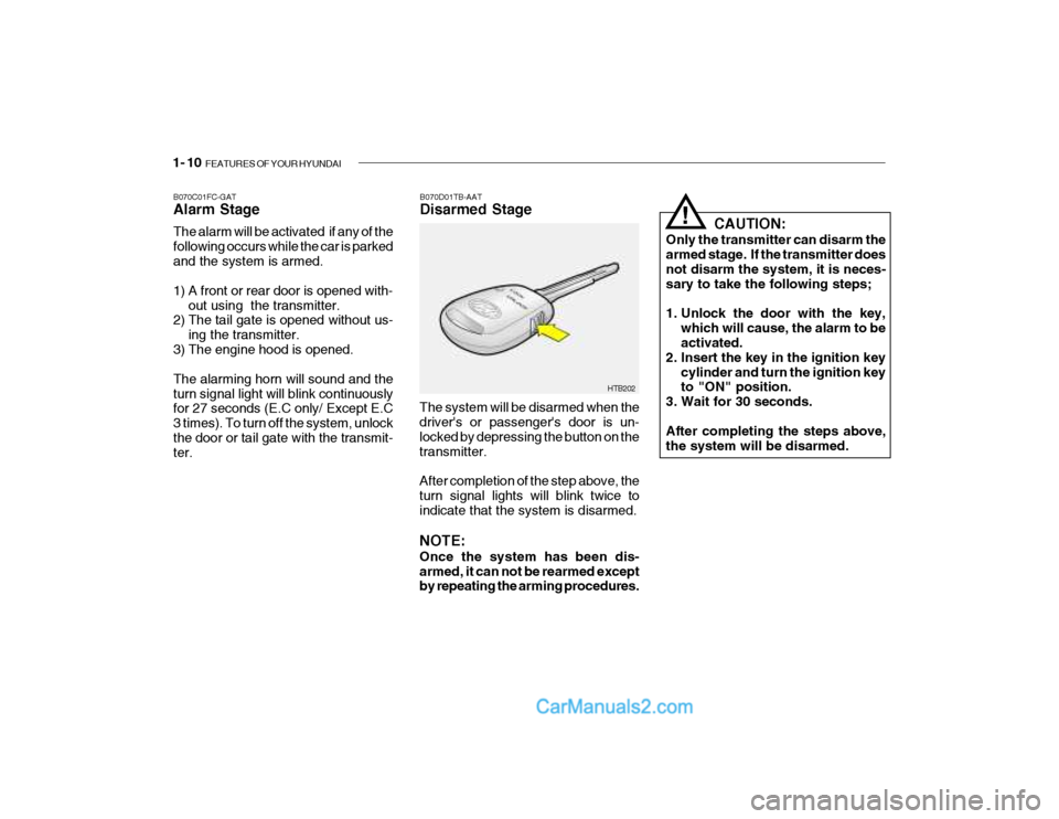 Hyundai Getz 2004 Owners Manual 1- 10 FEATURES OF YOUR HYUNDAI
HTB202
B070D01TB-AAT Disarmed Stage
B070C01FC-GATAlarm Stage The alarm will be activated if any of the following occurs while the car is parkedand the system is armed. Hyundai Getz 2004 Owners Manual 1- 10 FEATURES OF YOUR HYUNDAI
HTB202
B070D01TB-AAT Disarmed Stage
B070C01FC-GATAlarm Stage The alarm will be activated if any of the following occurs while the car is parkedand the system is armed.