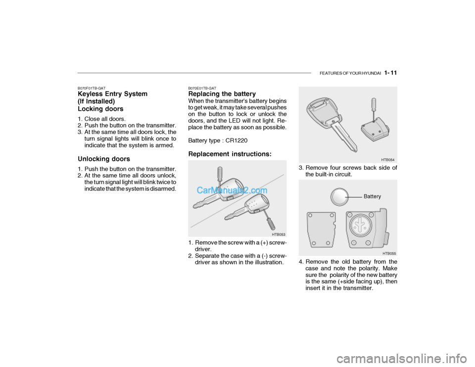 Hyundai Getz 2004  Owners Manual FEATURES OF YOUR HYUNDAI   1- 11
HTB053
B070F01TB-GAT Keyless Entry System (If Installed)Locking doors 
1. Close all doors. 
2. Push the button on the transmitter. 
3. At the same time all doors lock,