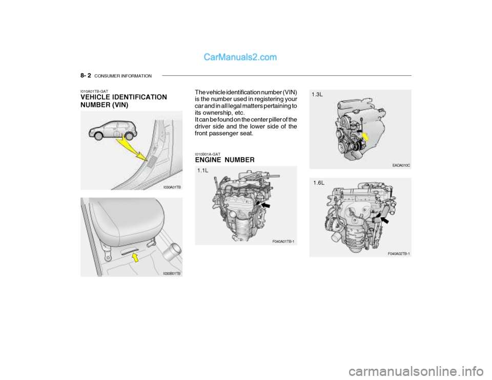Hyundai Getz 2004 Owners Manual 8- 2 CONSUMER INFORMATION
I030A01TB EADA010C
I010A01TB-GAT VEHICLE IDENTIFICATION NUMBER (VIN)
The vehicle identification number (VIN) is the number used in registering your car and in all legal matt Hyundai Getz 2004 Owners Manual 8- 2 CONSUMER INFORMATION
I030A01TB EADA010C
I010A01TB-GAT VEHICLE IDENTIFICATION NUMBER (VIN)
The vehicle identification number (VIN) is the number used in registering your car and in all legal matt