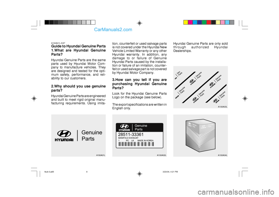 Hyundai Getz 2004 Owners Manual A100A01L-EAT Guide to Hyundai Genuine Parts 1.What are Hyundai GenuineParts? Hyundai Genuine Parts are the same parts used by Hyundai Motor Com- pany to manufacture vehicles. They are designed and tes Hyundai Getz 2004 Owners Manual A100A01L-EAT Guide to Hyundai Genuine Parts 1.What are Hyundai GenuineParts? Hyundai Genuine Parts are the same parts used by Hyundai Motor Com- pany to manufacture vehicles. They are designed and tes