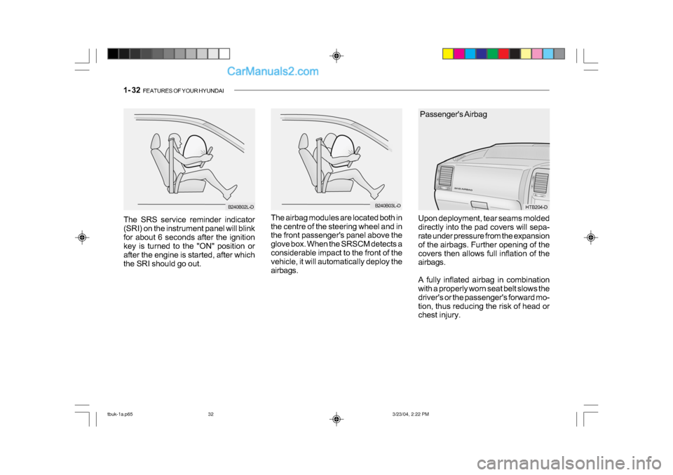 Hyundai Getz 2004 Owners Manual 1- 32 FEATURES OF YOUR HYUNDAI
B240B03L-D
The airbag modules are located both in
the centre of the steering wheel and in
the front passengers panel above the
glove box. When the SRSCM detects a
c Hyundai Getz 2004 Owners Manual 1- 32 FEATURES OF YOUR HYUNDAI
B240B03L-D
The airbag modules are located both in
the centre of the steering wheel and in
the front passengers panel above the
glove box. When the SRSCM detects a
c