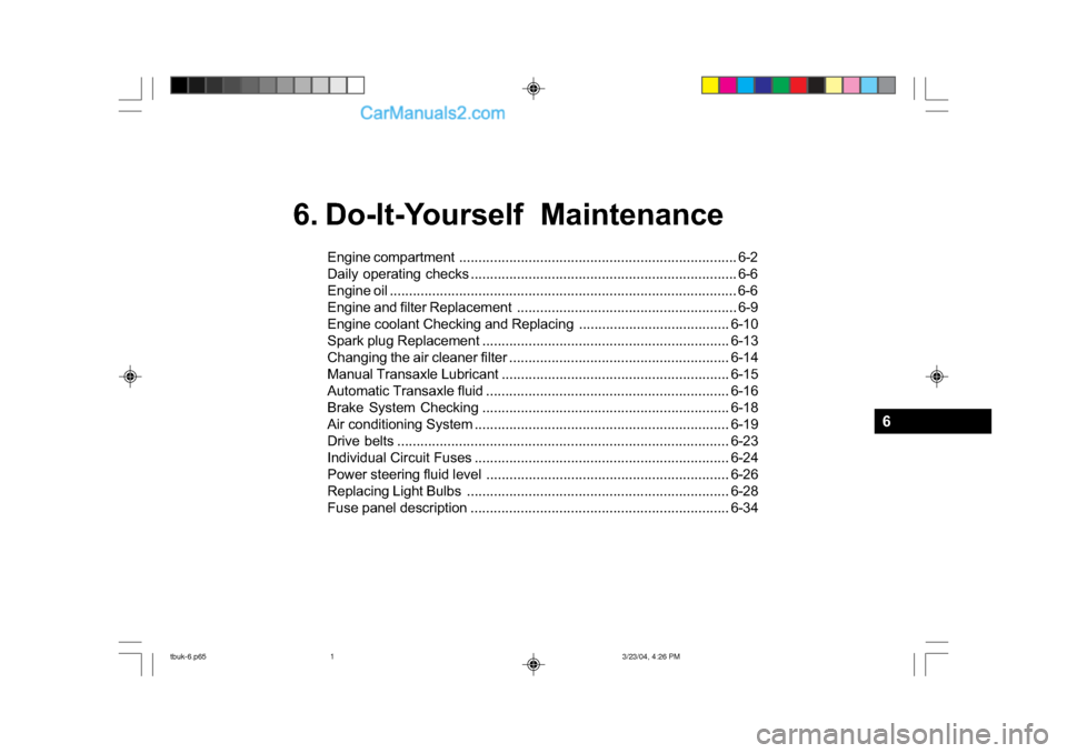 Hyundai Getz 2004 Owners Guide 6. Do-It-Yourself MaintenanceEngine compart ment ............................................... ......................... 6-2
Daily operating  checks ............................................. ...