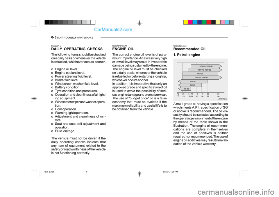 Hyundai Getz 2004 Manual PDF 6- 6 DO-IT-YOURSELF MAINTENANCE
SG020B1-E
DAILY OPERATING CHECKS
The following items should be checked
on a daily basis or whenever the vehicle
is refuelled, whichever occurs sooner.
o Engine oil Hyundai Getz 2004 Manual PDF 6- 6 DO-IT-YOURSELF MAINTENANCE
SG020B1-E
DAILY OPERATING CHECKS
The following items should be checked
on a daily basis or whenever the vehicle
is refuelled, whichever occurs sooner.
o Engine oil