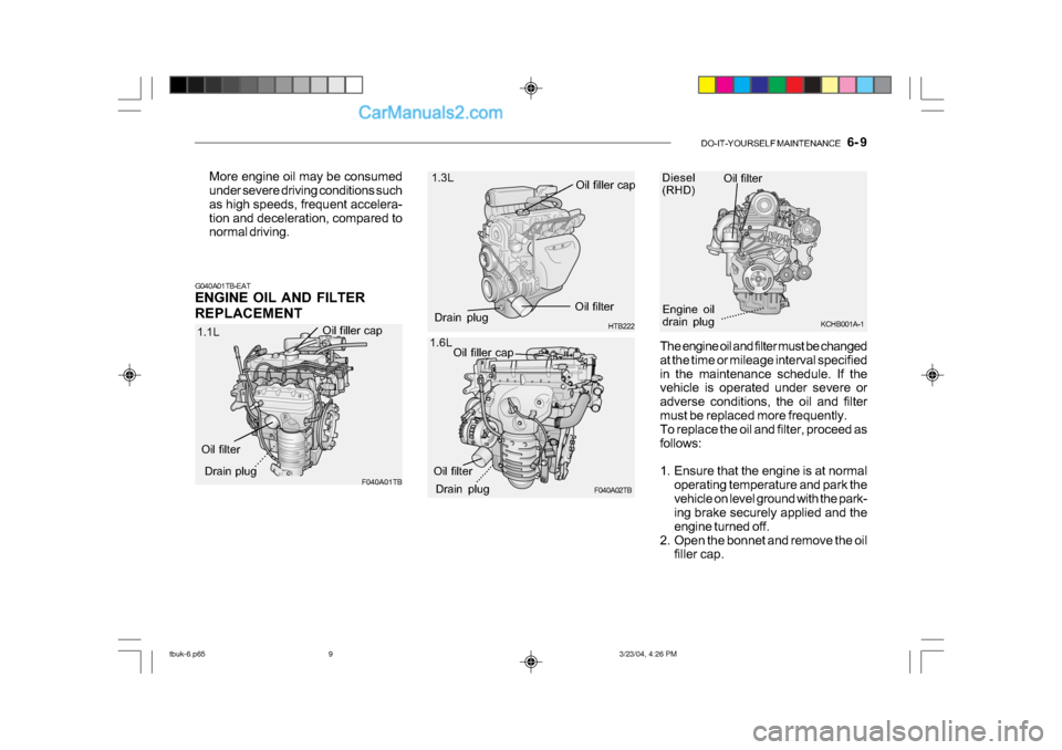 Hyundai Getz 2004 Owners Manual DO-IT-YOURSELF MAINTENANCE 6- 9
Oil filler cap 1.3L
F040A01TB HTB222
Oil filter
Drain plug Oil filler cap
Drain plug Oil filter
1.1L
.........
More engine oil may be consumed
under severe driving Hyundai Getz 2004 Owners Manual DO-IT-YOURSELF MAINTENANCE 6- 9
Oil filler cap 1.3L
F040A01TB HTB222
Oil filter
Drain plug Oil filler cap
Drain plug Oil filter
1.1L
.........
More engine oil may be consumed
under severe driving