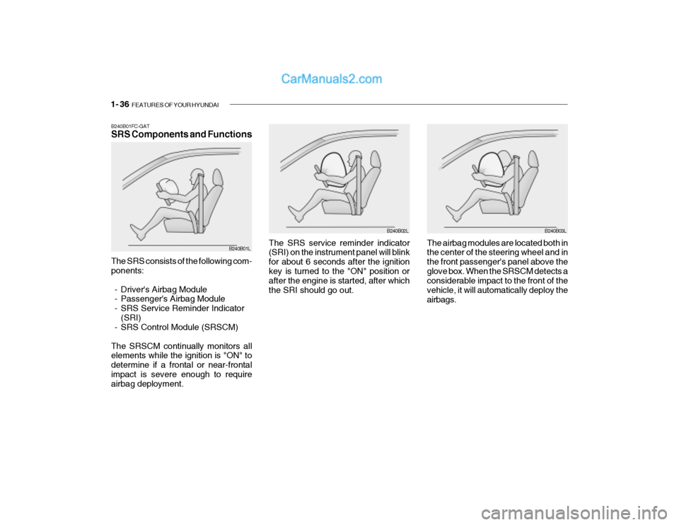 Hyundai Getz 2004 Owners Manual 1- 36 FEATURES OF YOUR HYUNDAI
The SRS consists of the following com- ponents:
- Drivers Airbag Module
- Passengers Airbag Module
- SRS Service Reminder Indicator (SRI)
- SRS Control Module (SRSCM Hyundai Getz 2004 Owners Manual 1- 36 FEATURES OF YOUR HYUNDAI
The SRS consists of the following com- ponents:
- Drivers Airbag Module
- Passengers Airbag Module
- SRS Service Reminder Indicator (SRI)
- SRS Control Module (SRSCM