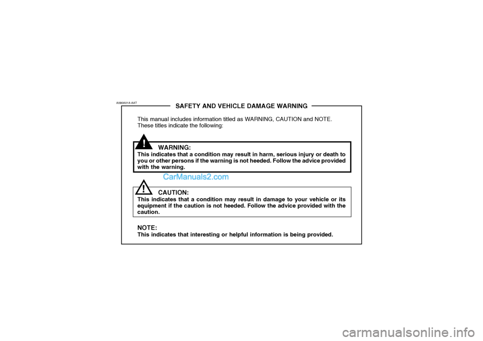 Hyundai Getz 2004  Owners Manual !
SAFETY AND VEHICLE DAMAGE WARNING
This manual includes information titled as WARNING, CAUTION and NOTE. These titles indicate the following:
WARNING:
This indicates that a condition may result in ha