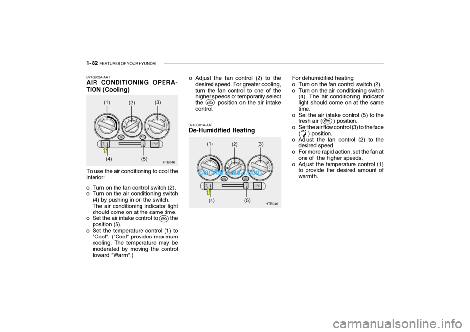 Hyundai Getz 2004 Owners Manual 1- 82 FEATURES OF YOUR HYUNDAI
B740B02A-AAT AIR CONDITIONING OPERA- TION (Cooling)
B740C01A-AAT De-Humidified Heating
To use the air conditioning to cool the interior:
o Turn on the fan control swit Hyundai Getz 2004 Owners Manual 1- 82 FEATURES OF YOUR HYUNDAI
B740B02A-AAT AIR CONDITIONING OPERA- TION (Cooling)
B740C01A-AAT De-Humidified Heating
To use the air conditioning to cool the interior:
o Turn on the fan control swit