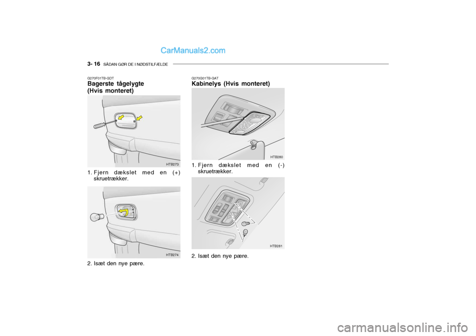 Hyundai Getz 2004 Instruktionsbog (in Danish) 3- 16 SÅDAN GØR DE I NØDSTILFÆLDE
G270F01TB-GDT Bagerste tågelygte (Hvis monteret)
1. Fjern dækslet med en (+)
skruetrækker. HTB273
HTB274
2. Isæt den nye pære. G270G01TB-GAT Kabinelys (Hvi Hyundai Getz 2004 Instruktionsbog (in Danish) 3- 16 SÅDAN GØR DE I NØDSTILFÆLDE
G270F01TB-GDT Bagerste tågelygte (Hvis monteret)
1. Fjern dækslet med en (+)
skruetrækker. HTB273
HTB274
2. Isæt den nye pære. G270G01TB-GAT Kabinelys (Hvi