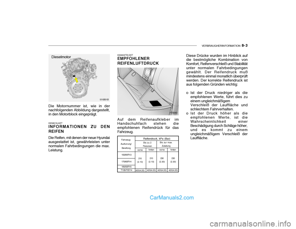 Hyundai Getz 2004 Betriebsanleitung (in German) VERBRAUGHERIN FORMATION 8- 3
I030A02TB-GST
EMPFOHLENER REIFENLUFTDRUCK
Die Motornummer ist, wie in der nachfolgenden Abbildung dargestellt, in den Motorblock eingeprägt. I020A01A-AST INFORMATIONEN Hyundai Getz 2004 Betriebsanleitung (in German) VERBRAUGHERIN FORMATION 8- 3
I030A02TB-GST
EMPFOHLENER REIFENLUFTDRUCK
Die Motornummer ist, wie in der nachfolgenden Abbildung dargestellt, in den Motorblock eingeprägt. I020A01A-AST INFORMATIONEN