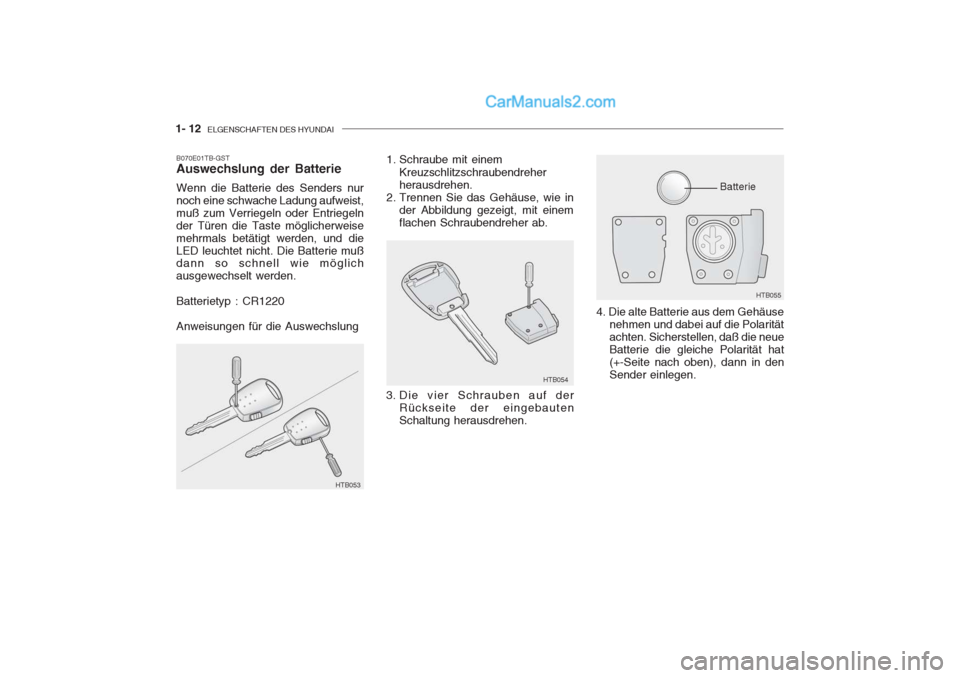 Hyundai Getz 2004 Betriebsanleitung (in German) 1- 12 ELGENSCHAFTEN DES HYUNDAI
B070E01TB-GST Auswechslung der Batterie Wenn die Batterie des Senders nur noch eine schwache Ladung aufweist,muß zum Verriegeln oder Entriegelnder Türen die Taste mà Hyundai Getz 2004 Betriebsanleitung (in German) 1- 12 ELGENSCHAFTEN DES HYUNDAI
B070E01TB-GST Auswechslung der Batterie Wenn die Batterie des Senders nur noch eine schwache Ladung aufweist,muß zum Verriegeln oder Entriegelnder Türen die Taste mÃ