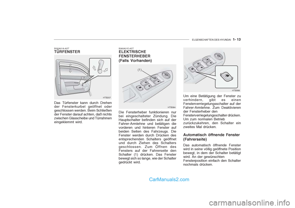 Hyundai Getz 2004  Betriebsanleitung (in German) ELGENSCHAFTEN DES HYUNDAI  1- 13
B050A01A-AST TÜRFENSTER
HTB257
HTB064
(1)
HTB066
Das Türfenster kann durch Drehen der Fensterkurbel geöffnet oder geschlossen werden. Beim Schließender Fenster dar